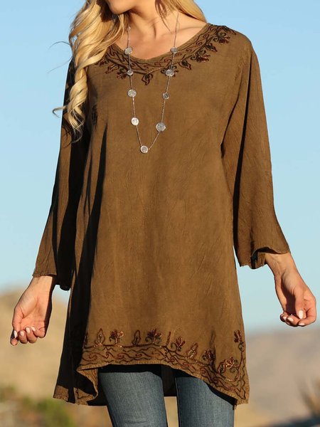 

Holiday 3/4 Sleeve Floral Boho Casual Round Neck Tunic Tops, Brown, Shirts & Blouses
