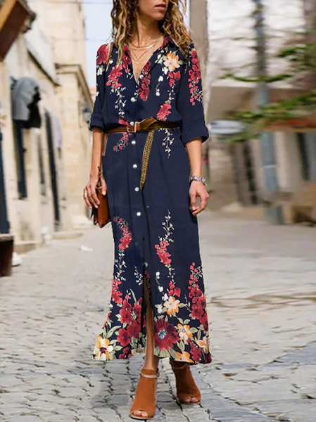 Abito Bohemian Maniche Lunghe Floreale, Blu marino, Maxi Dresses