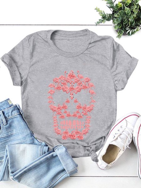 

Flamingo Skull Casual Cotton-Blend Shirts & Tops, Gray, T-shirts