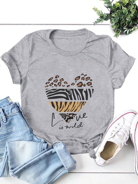 

Love Is Wild Leopard Cotton-Blend Crew Neck Casual Shirts & Tops, Light gray, T-shirts