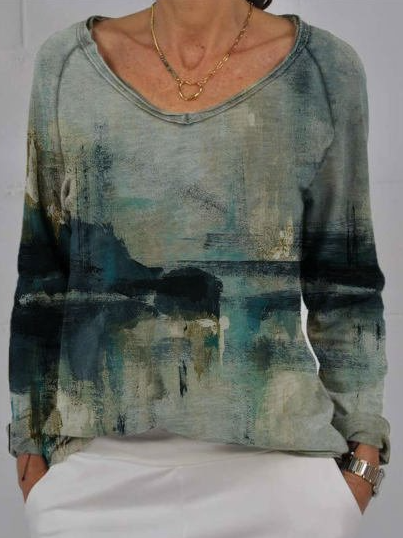 

V-neck Oil Painting Landscape Print Long-sleeved T-shirt, Blue, Long sleeve tops