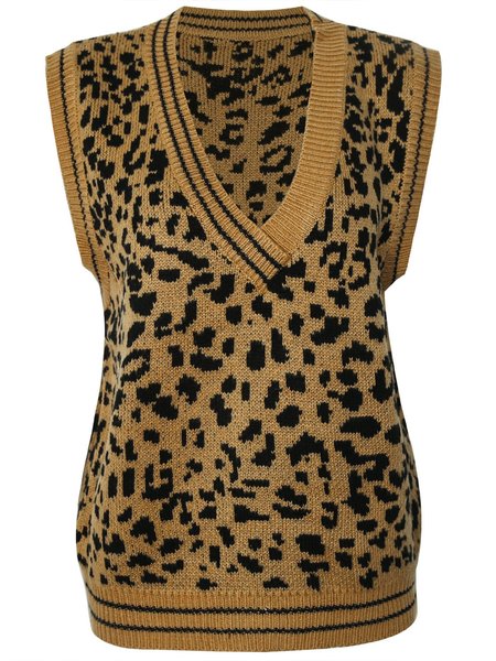 

Senza Maniche Casuale Cotone Leopardo Maglione, Cachi, Gilet