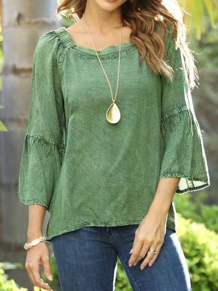 

Casual Boho Crew Neck 3/4 Sleeve Solid Casual Tunic Tops, Green, Shirts & Blouses