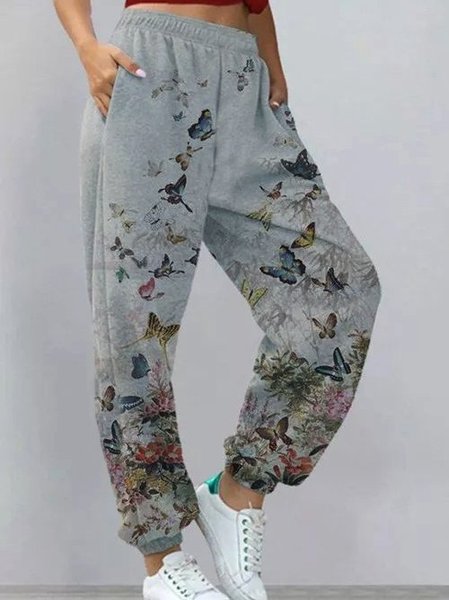 

Casual Daily Butterfly Print Women Pants, Gray, Pants