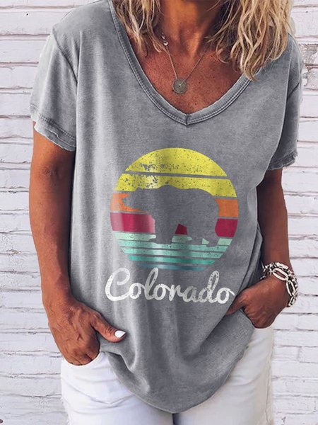 

Colorado Day Graphic V neck Tshirt Animal Printed Short Sleeve Loose Tee, Gray, T-shirts