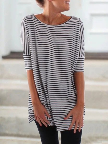 

Half Sleeve Round Neck Plus Size Printed Tops T-shirts, Black-white, T-Shirts