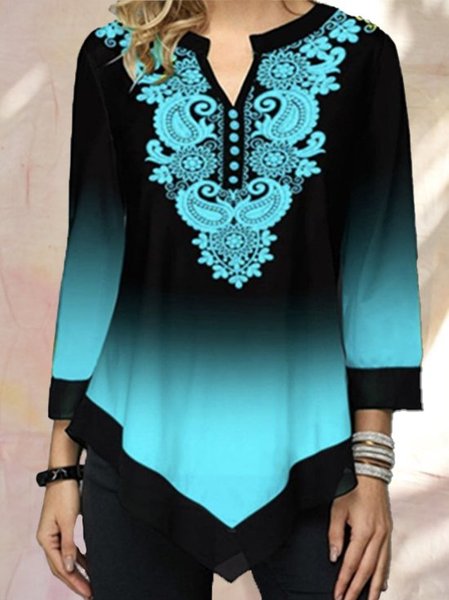 

Casual daily paisley gradient print long-sleeved Shirts & Tops, Blue, Tees & T-shirts