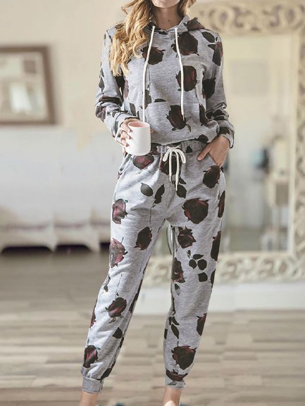 

Cotton-Blend Floral-Print Hoodie Suits, Gray, Jumpsuits＆Rompers