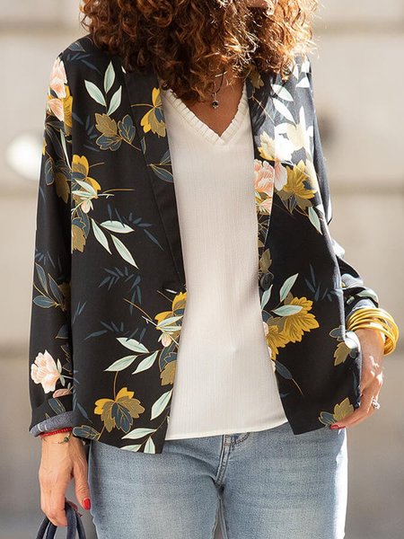 

Casual Floral-print Long Sleeve Vintage Suit Outerwear, Black, Blazers