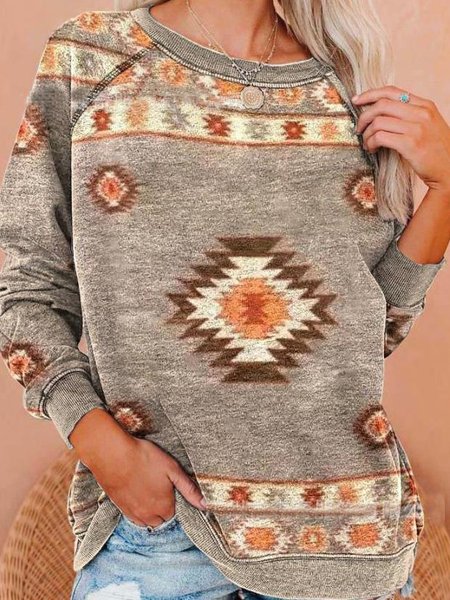 

Casuale Misto Cotone Tribale Maniche Lunghe Top, Albicocca, Blouses & Shirts