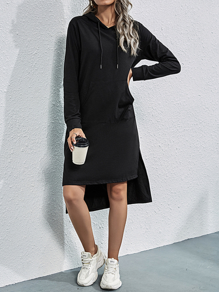 

Pockets Long Sleeve Shift Simple Dresses, Black, Midi Dresses