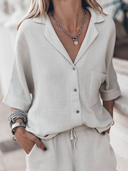 

Casual and simple plain three-quarter sleeve shirt, White, Blouses & Shirts
