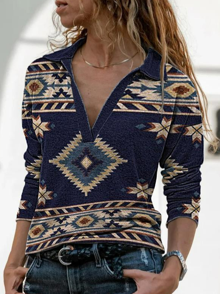 Collo a scialle 3/4 Manica Geometrico Top, Blu reale, Blouses & Shirts