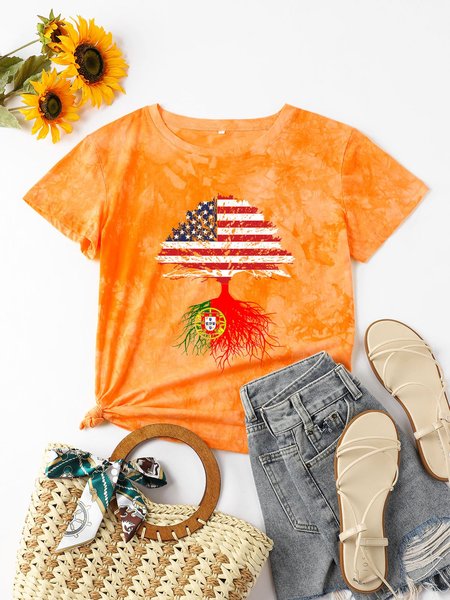 

Portuguese Roots Graphic Short Sleeve Casual Tie Dye Tee, Orange, T-shirts