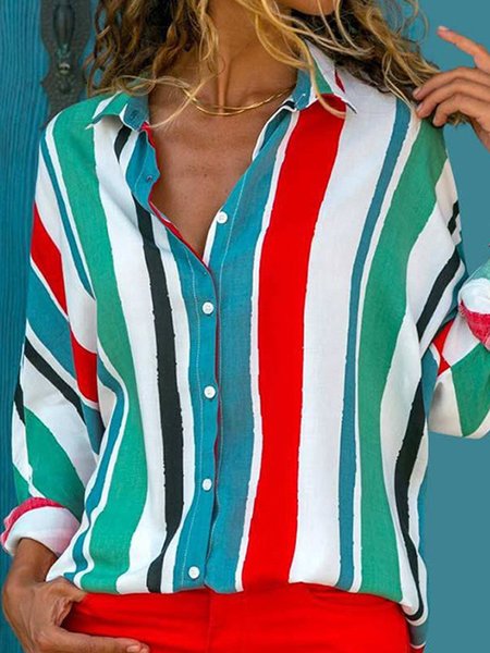 

Strip Long Sleeve Shirt Collar Shirts & Tops, As picture, Blouses