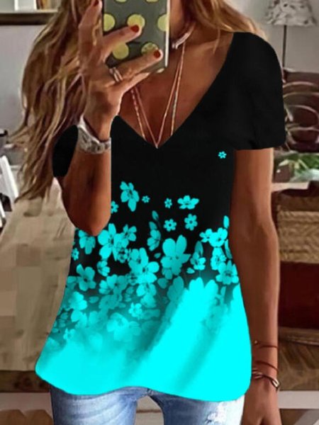 

Casual V neck Floral Short Sleeve T-shirt, Blue, T-Shirts
