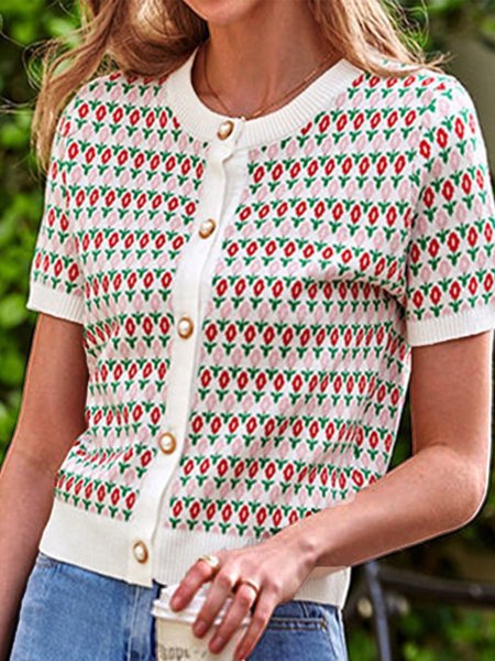 

Vintage Geometrico jacquard Maniche Corte Girocollo Casuale Maglione, Multicolore, Blouses & Shirts