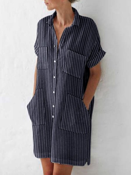 

Short Sleeve Stripes Cotton-Blend Weaving Dress, Navy blue, Mini Dresses