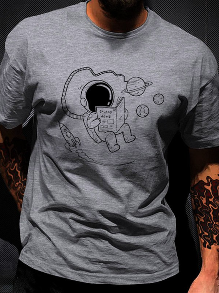 

Cartoon NASA Astronaut Printed Casual T-Shirts & Tops, Gray, Men's t-shirts