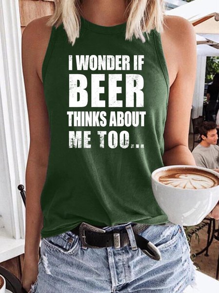 

I Wonder If Beer Thinks About Me Too Women’s Crew Neck Shift Sleeveless Cotton-Blend Shirts & Tops, Dark green, Tank Tops