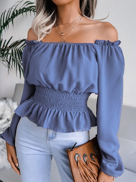 

Bateau/Boat Neck Sweet Solid A-Line Shirts & Tops, Blue, Blouses & Shirts