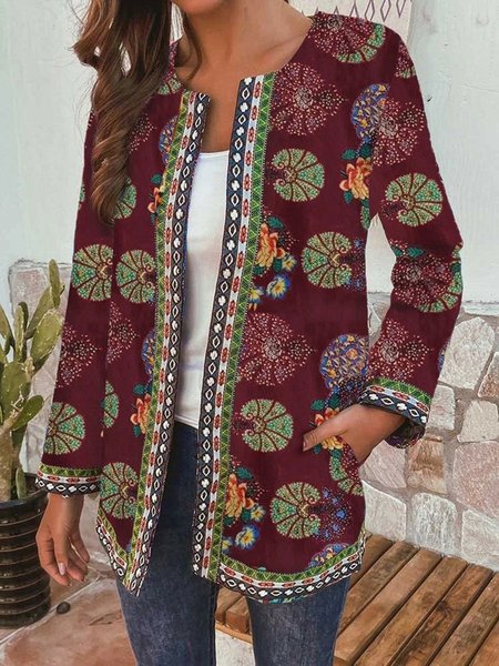 

Stampato Floreale Tribale Casuale Maniche Lunghe Giacche, Rosso, Coats & Jackets