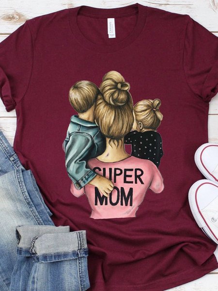 

Super Mom Casual Crew Neck Shirts & Tops, Wine red, T-shirts
