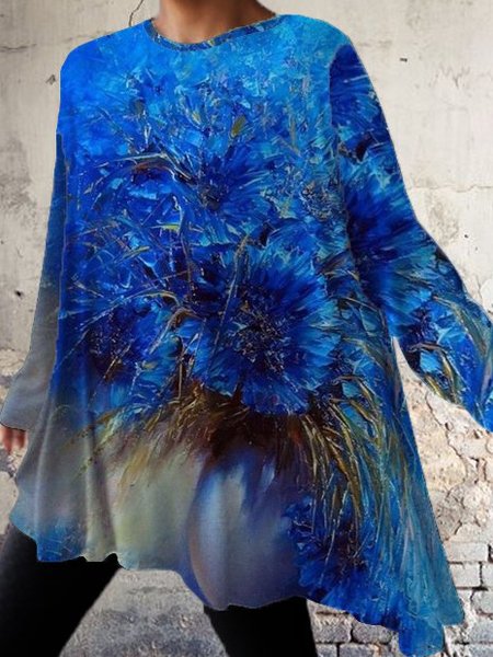 

Casual and simple floral print round neck long-sleeved polyester cotton T-shirt, Deep blue, Long sleeve tops