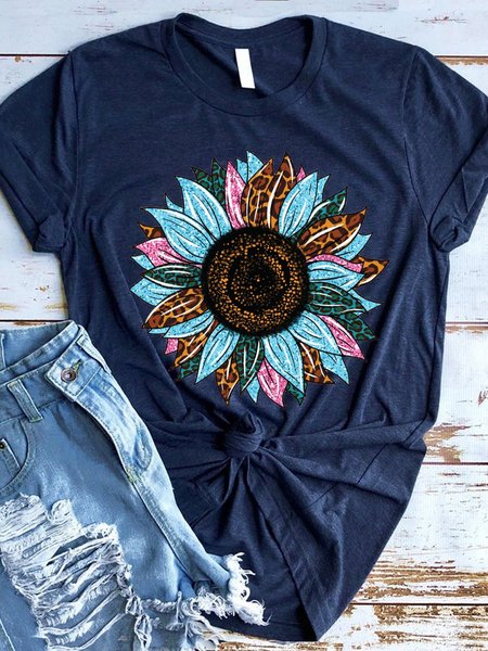 

Leopard Tie Dye Sunflower Casual Short Sleeve Shirts & Tops, Deep blue, T-shirts