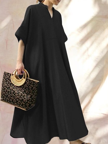 

Casual Loose Half Sleeve V Neck Maxi Dresses, Black, Casual Dresses