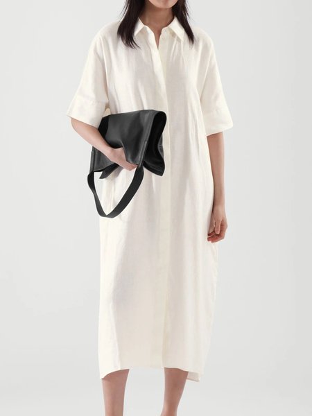

Casual Short Sleeve A-Line Shirt Collar Dresses, White, Casual Dresses