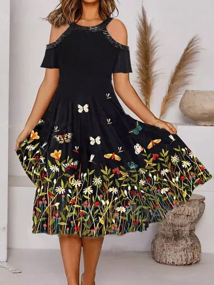 

Abito Scollo a Barchetta Vacanza Cotone Maniche Corte, Nero, Midi Dresses