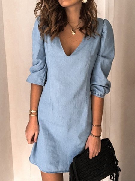 

Vintage Casual 3/4 Sleeve Dresses, Sky blue, Casual Dresses
