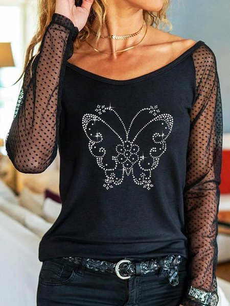 Black Butterfly Casual Party Club Lace Paneled Long Sleeve Shift Shirts & Tops, Blouses & Shirts