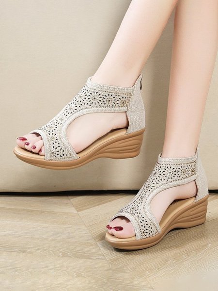 Strass Incavato Sandali col Tacco Zeppa, Beige, Sandals
