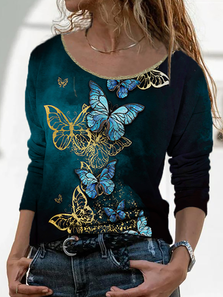 

taglia grande Farfalla Stampato Top, Blu, Blouses & Shirts