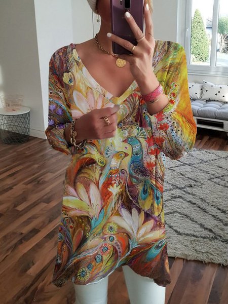 

Long Sleeve Printed V Neck Tops, Multicolor, Blouses & Shirts