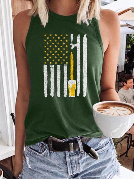 

American Flag And Beer Women's Casual Crew Neck Shift T-shirt, Dark green, Tank Tops