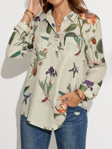 

Shirt Collar Long Sleeve Casual Cotton-Blend Blouse, Beige, Shirts & Blouses
