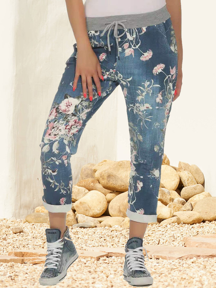 

Cotton-Blend Floral Vintage Elastic Waist Pants, Blue, Pants