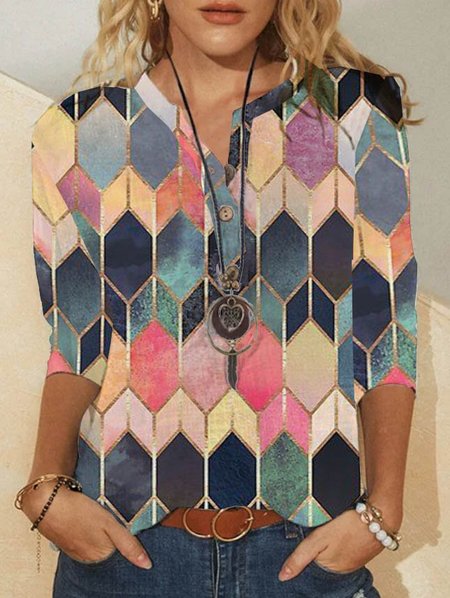 Half Sleeve V Neck Boho Tops, Multicolor, Blouses & Shirts