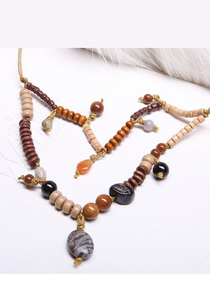 

Ethnic style retro natural material wooden bead turquoise pendant necklace, As picture, Necklaces