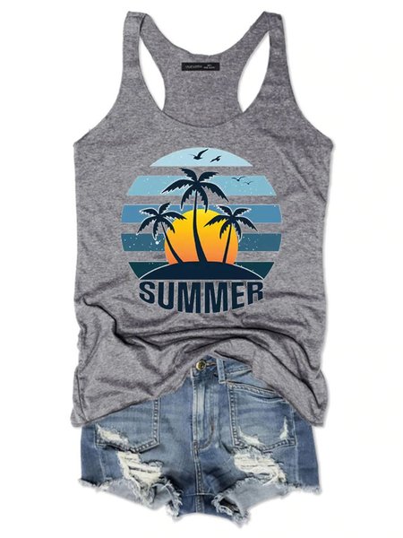 

Summer Coconut Tree Sunset Women's Crew Neck Casual Shift Shirts & Tops, Gray, Tank Tops