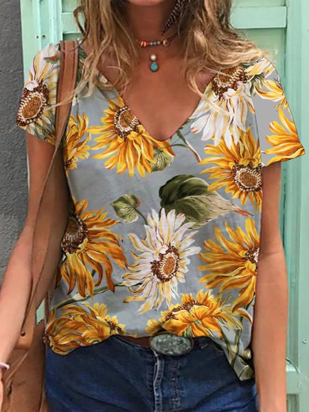 

Women Sun Flower Shirt Floral V Neck Summer Top, Chalky yellow, T-shirts