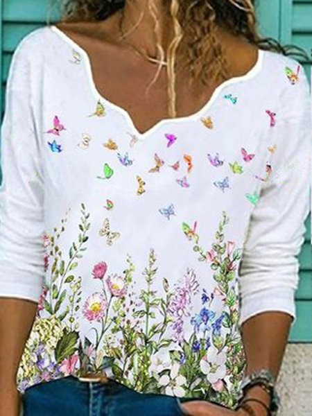 

Floral Long Sleeve Cotton-Blend V Neck Shirts & Tops, White, Long sleeve tops