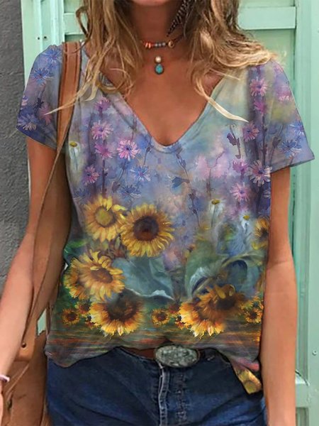 

Sun Flower Shirt Women Floral V Neck Summer Top, As picture, T-shirts