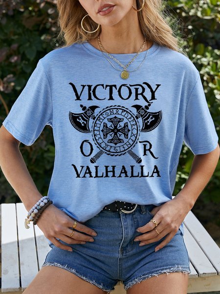 

Victory or Valhalla Vikings Women‘s Casual Short Sleeve Crew Neck Shirts & Tops, Light blue, T-shirts