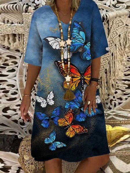 Abito Dritto Bohemian Mezza Manica, Blu, Mini Dresses