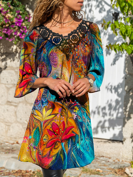 

3/4 Manica Pizzo Bohemian Dritto Abito, Multicolore, Mini Dresses