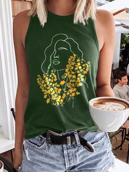 

Casual Crew Neck Cotton-Blend Shirts & Tops, Deep green, Tank Tops